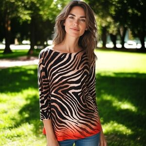 Ralph‎ Lauren LRL Tunic Top Sz L Petite Linen Blend Knit Animal Print Mob Wife